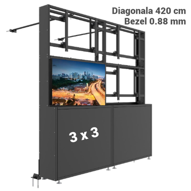 Pachet Videowall Uniview 3x3 margine 0.88 mm diagonala totala 420 cm cu suport perete si piedestal